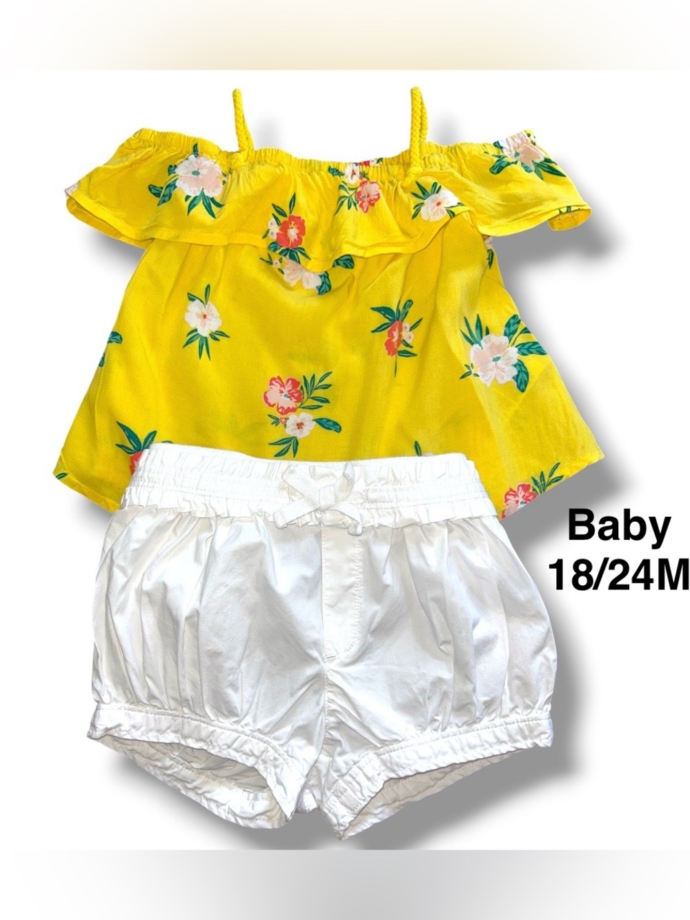 Old Navy Yellow Floral Off-Shoulder Top with Gap White Shorts